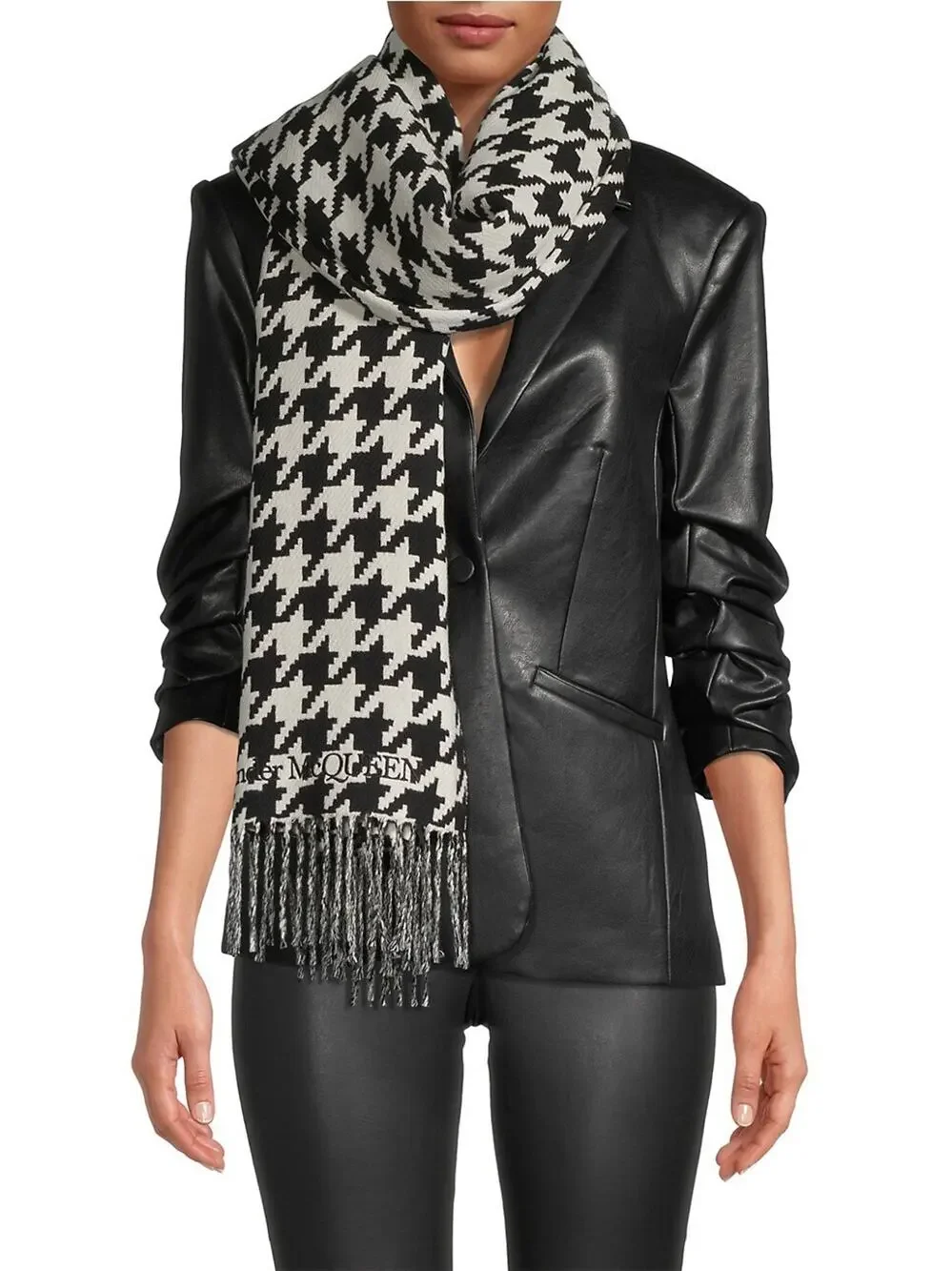 Alexander Mcqueen Fringed Black Houndstooth Scarf